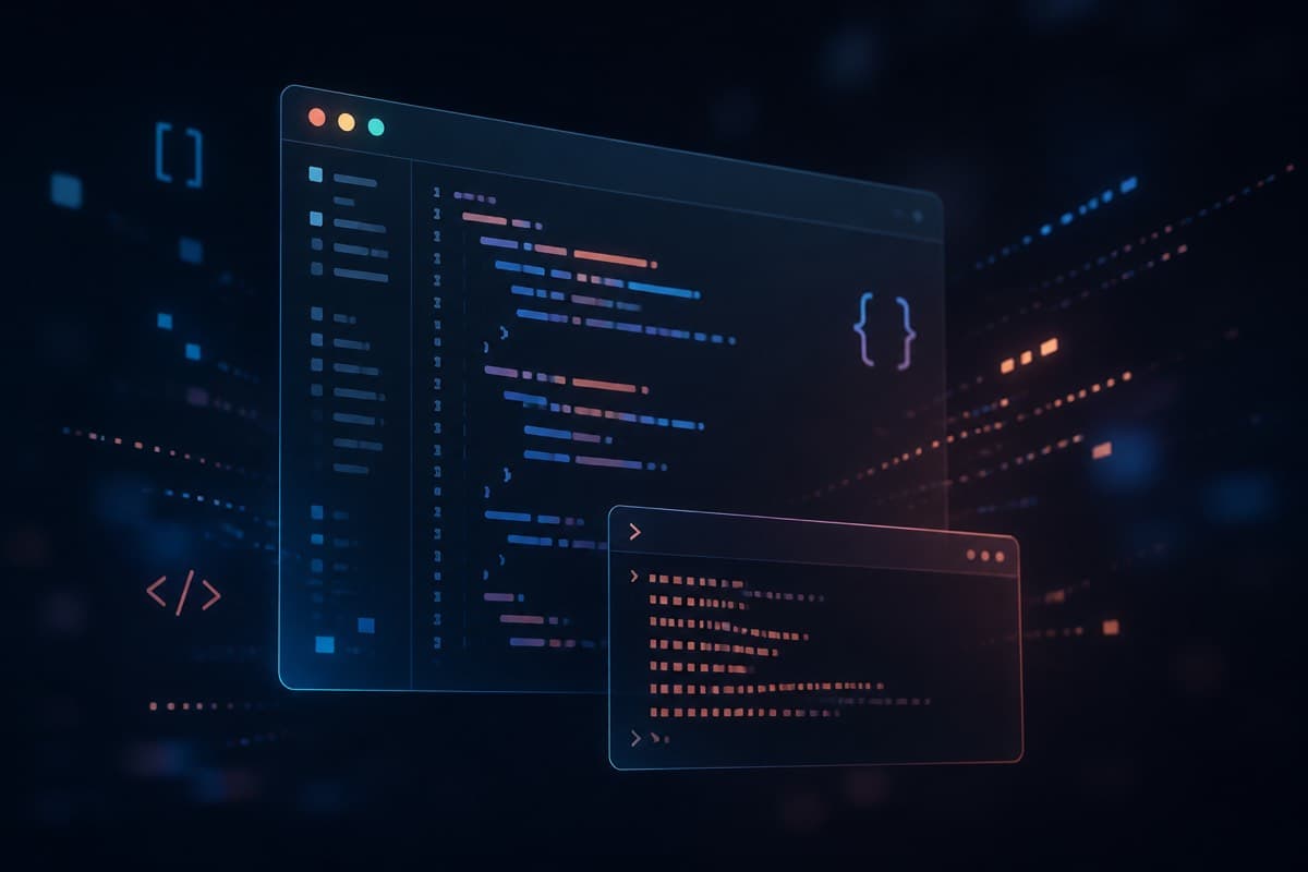Glowing code editor and terminal windows with floating syntax symbols on a dark background.