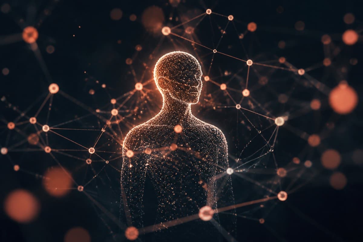 Abstract humanoid silhouette made of glowing neural network nodes on a dark background.