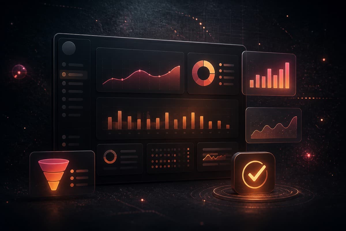 Glowing B2B SaaS dashboard with floating charts, pipeline bars, and a checkmark icon on a dark background.