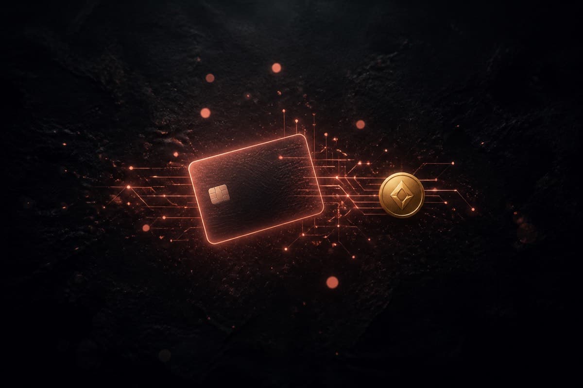 Glowing credit card and golden coin connected by luminous circuit lines on a dark background.