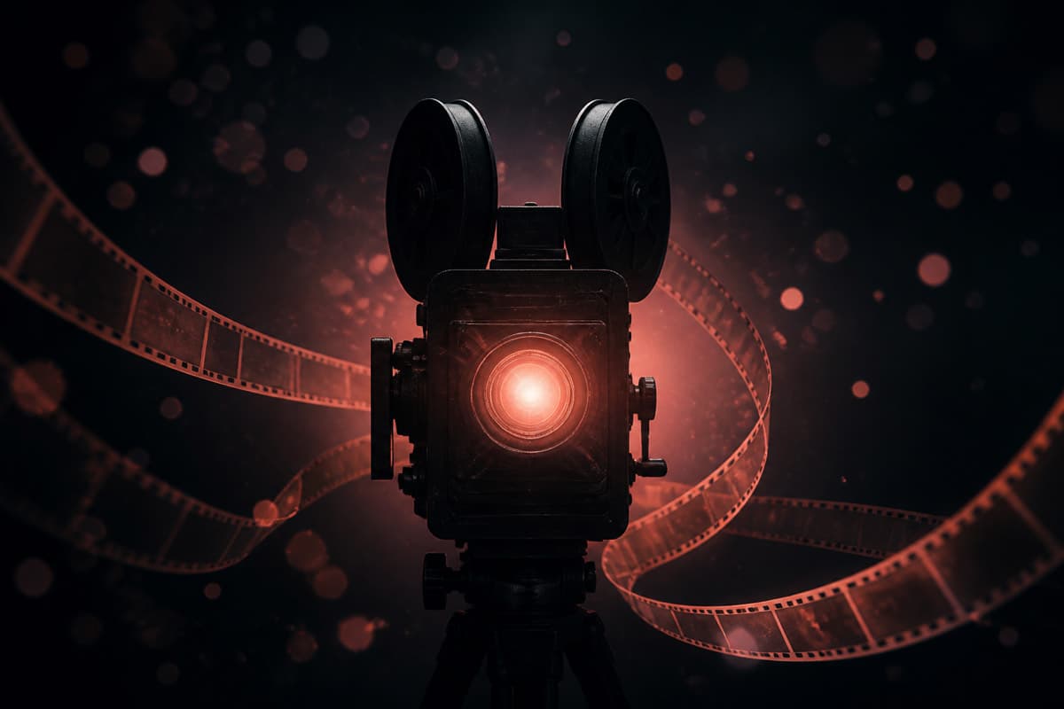 Vintage film camera with a glowing coral lens and floating film strips on a dark background.