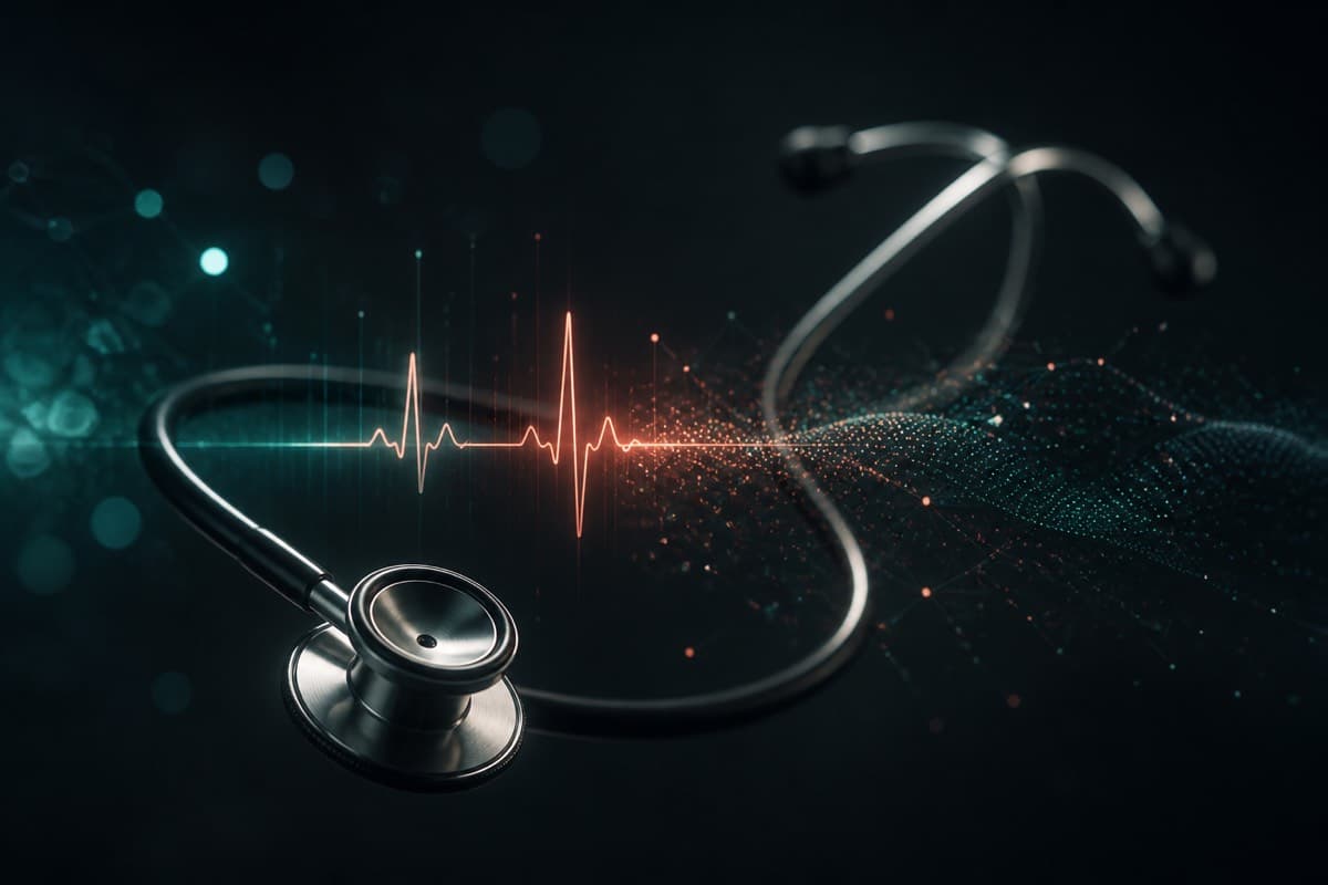 Stethoscope with glowing EKG waveform and digital particles on a dark background.