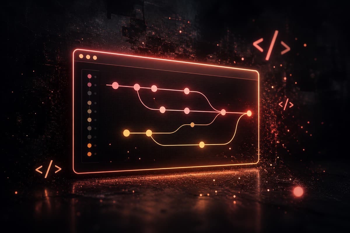 Glowing open-source terminal window with branching commit nodes and floating code brackets on a dark background.