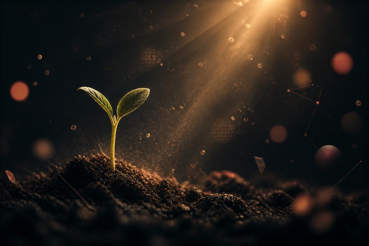 Small seedling sprouting from dark soil with golden light rays and floating particles.
