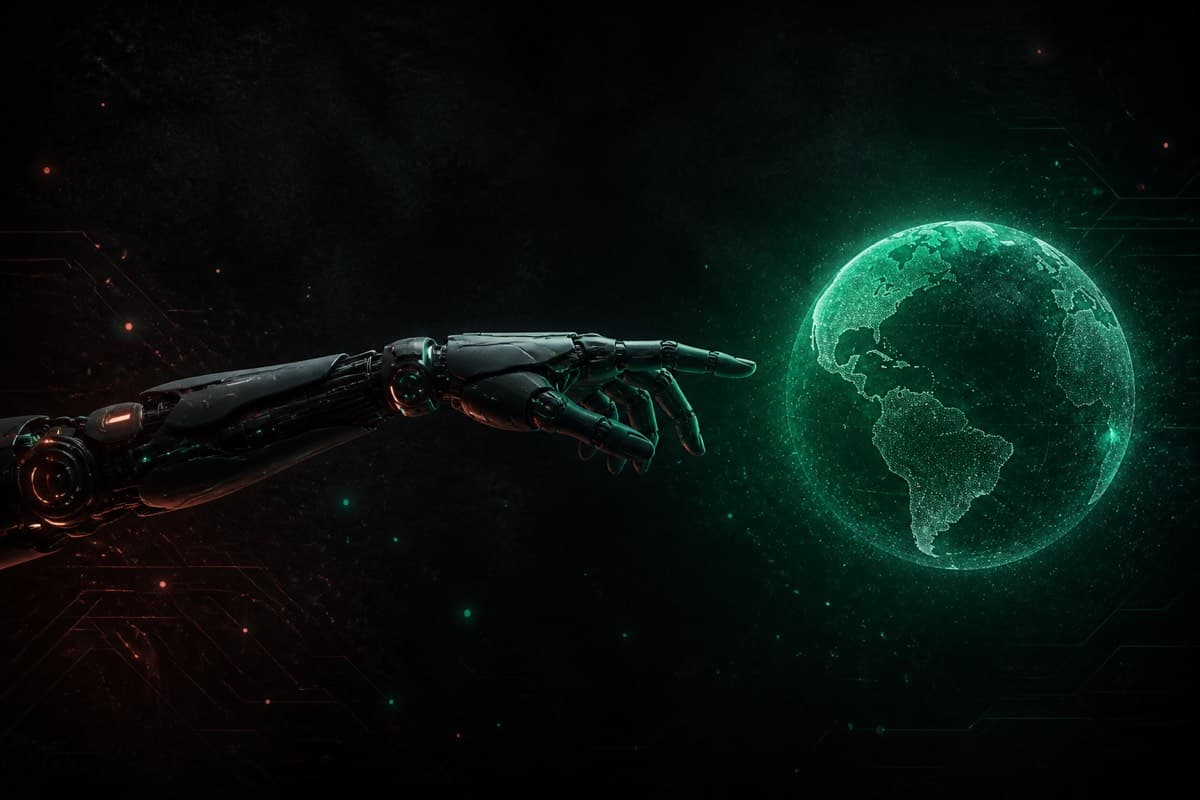 Robotic arm reaching toward a glowing green wireframe Earth on a dark background.