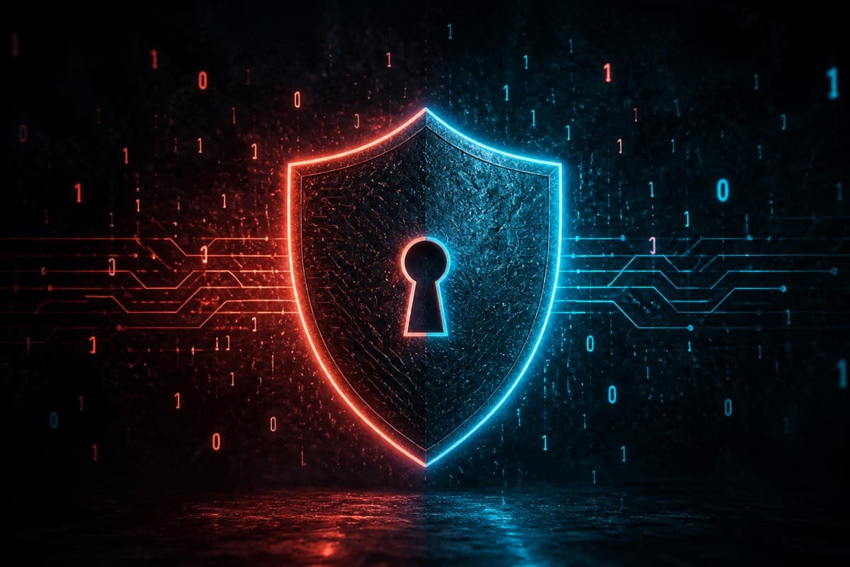 Metallic shield with a keyhole surrounded by binary code and glowing circuit lines on a dark background.